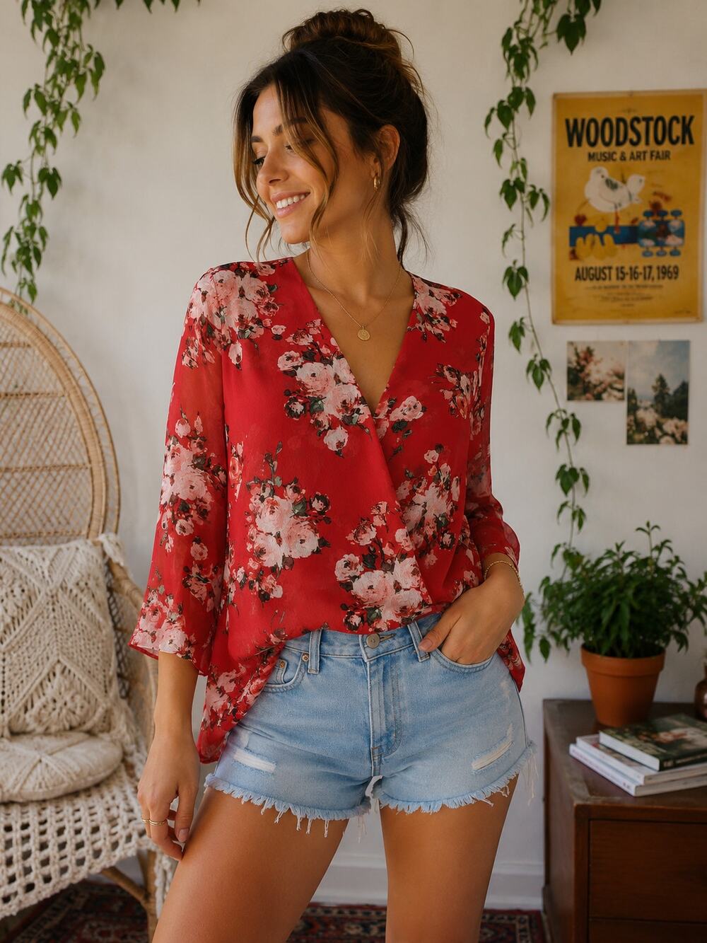 Kut from the Kloth Red Floral Faux Wrap Blouse Sheer Small